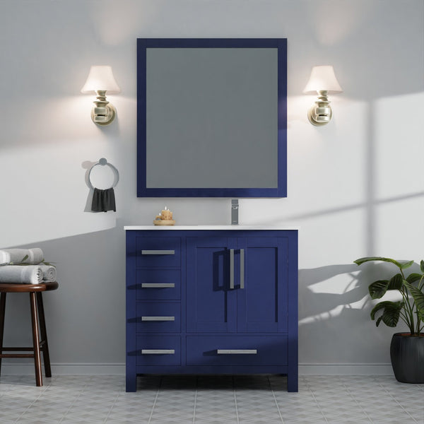 English Elm Navy Blue Bath Vanity 36" W X 22" D With Right Offset White Quartz Top & Elegant 34" Mirror Set B2731S00694