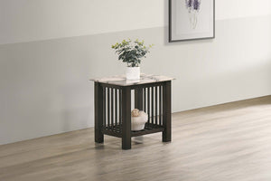 English Elm Contemporary 3pc Occasional Table Set Faux Marble Top Antique Walnut Finish Open Shelf Modern Design B011S01995