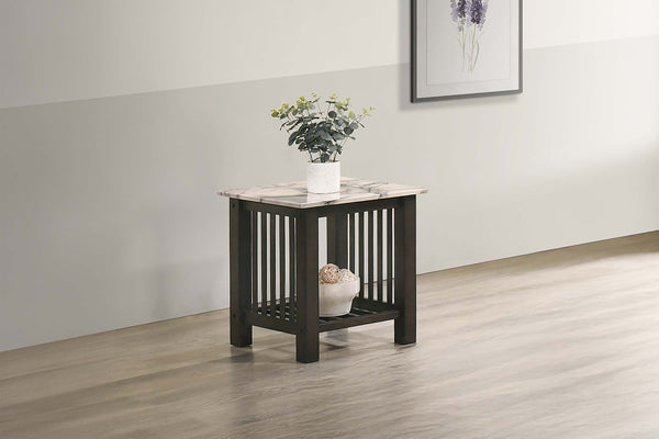 English Elm Contemporary 3pc Occasional Table Set Faux Marble Top Antique Walnut Finish Open Shelf Modern Design B011S01995