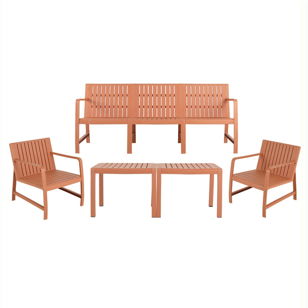 English Elm 5-Piece Outdoor/Indoor Furniture Set with Weatherproof PP, 3-Seater Sofa, 2 Chairs, Easy Assembly, Space-Saving Nesting Tables Apricot Brown W3450S00001