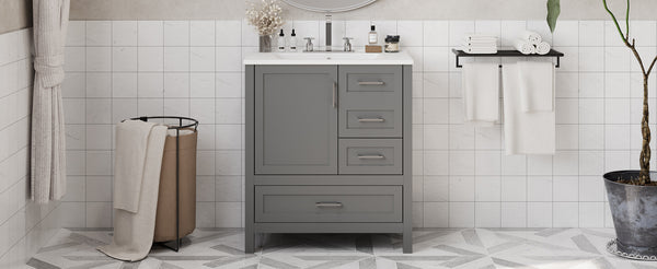 English Elm 30" Gray Bathroom Vanity with Ceramic Sink, Solid Wood Frame, Soft-Close Door & 3 Drawers for Organized Style N729P177787E
