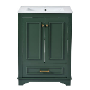 English Elm 24'' Bathroom Vanity with Ceramic Sink Combo Modern Freestanding MDF Cabinet with Soft-Close Doors and Sleek Silver Handles for Spacious Organized Bathroom Storage Green N710P194893F