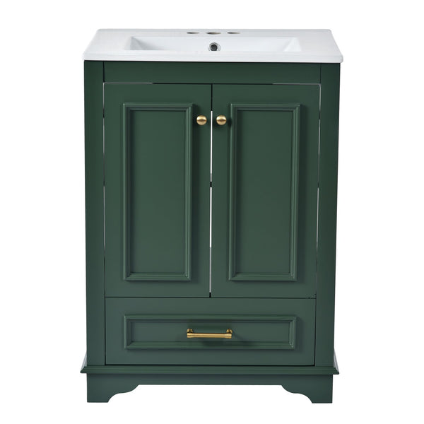 English Elm 24'' Bathroom Vanity with Ceramic Sink Combo Modern Freestanding MDF Cabinet with Soft-Close Doors and Sleek Silver Handles for Spacious Organized Bathroom Storage Green N710P194893F