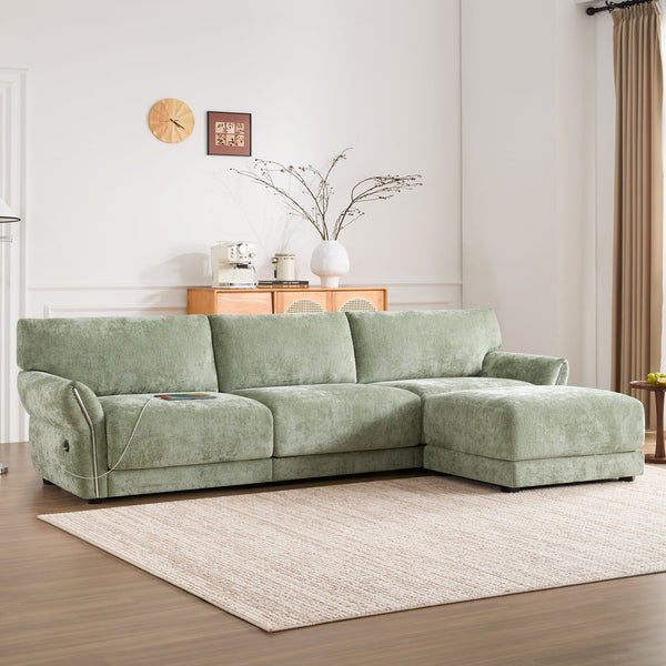 English Elm 110" Modular Sectional Sofa with Extra-Wide Chenille Seats, USB & Type-C Charging Ports, Ottoman, High-Density Foam Comfort Green N723S7038F