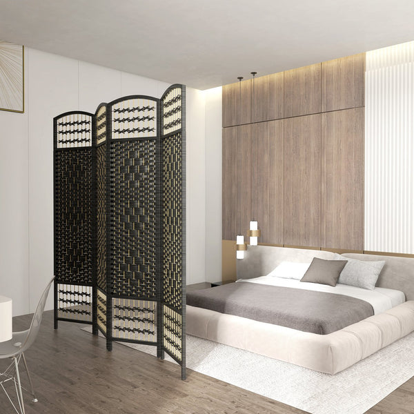 English Elm HOMCOM 4-Panel Reed Room Divider 5.5ft Folding Privacy Screen, Hand-Woven Freestanding Partition for Home Office Black W2225P229262