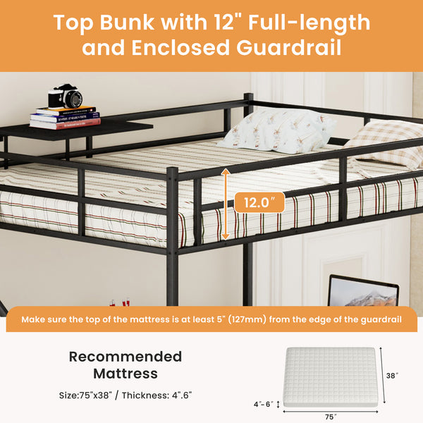 English Elm Full Metal Loft Bed with L-Shaped Desk, RGB LED Lights, Charging Cradle, Wardrobe & Drawers Black W1162S00014