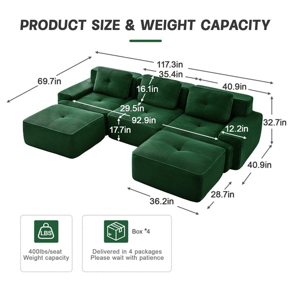 English Elm 117" U-Shaped Modular Sectional Sofa - Stylish Corduroy Couch With Movable Ottoman & Tufted Design W714S01487