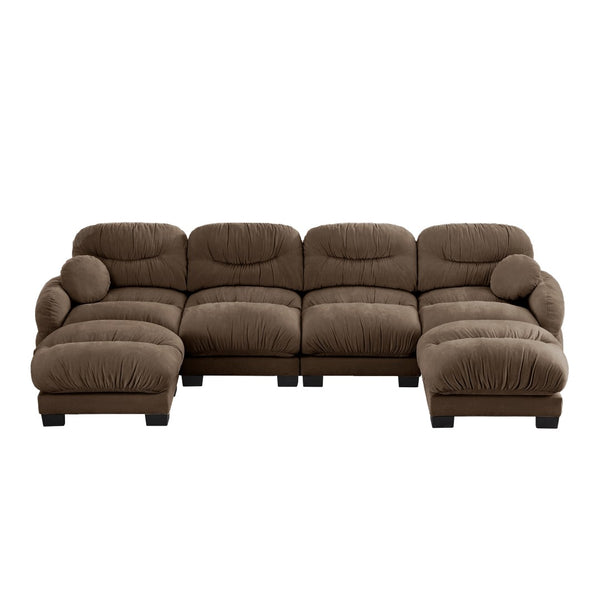 English Elm Pleated Chenille U-shape Modular Sectional Sofa with Ottomans and Ergonomic Foam Cushions Brown W5656S00063