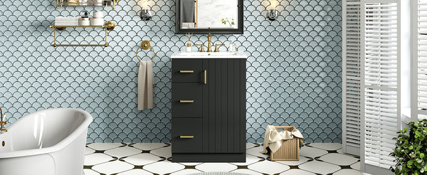English Elm 24" Modern Bathroom Vanity with Under-Mount Sink, Vertical Stripe Design, 2 Drawers & Soft-Close Cabinet Black N710P288936B