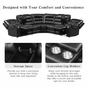 English Elm 113.5" Manual Reclining Sectional Sofa Set L-Shaped Symmetrical Motion Couch with LED Strip, 4 Cup Holders, Storage Boxes and Durable PU Leather Frame Black N719S001150B