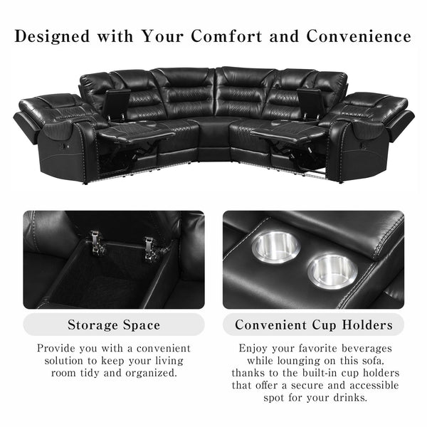 English Elm 113.5" Manual Reclining Sectional Sofa Set L-Shaped Symmetrical Motion Couch with LED Strip, 4 Cup Holders, Storage Boxes and Durable PU Leather Frame Black N719S001150B