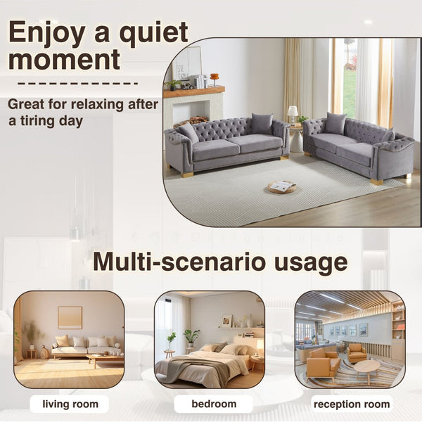 English Elm 3-seater Modular Chesterfield Velvet Sofa Tufted Gold Stud Detail for Elegant Living Rooms Grey W1926S00101