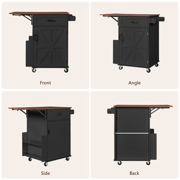 English Elm K&k Farmhouse Rolling Kitchen Cart with Drop Leaf Drawer Open Rack Lockable Wheels Black N707P404539B