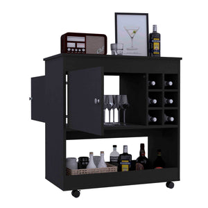 English Elm Camelia Elegant Bar Cart with Six Bottle Cubbies, Smooth Casters, Lower Shelf and Cabinet Storage Black 39.8 L x 23.6 W x 7.9 H B20092080