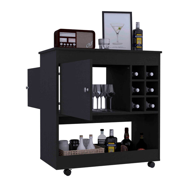 English Elm Camelia Elegant Bar Cart with Six Bottle Cubbies, Smooth Casters, Lower Shelf and Cabinet Storage Black 39.8 L x 23.6 W x 7.9 H B20092080