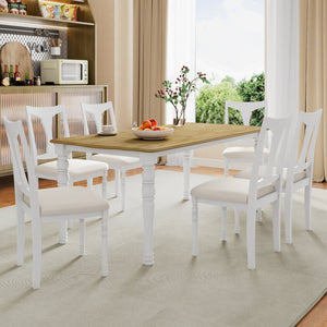 English Elm 7-Piece Extendable Dining Set with Removable Leaf and 6 Upholstered Chairs, Solid Rubberwood Legs, Seats 6 Natural+White N752S000030K