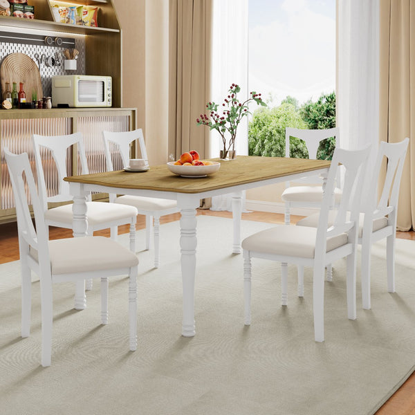 English Elm 7-Piece Extendable Dining Set with Removable Leaf and 6 Upholstered Chairs, Solid Rubberwood Legs, Seats 6 Natural+White N752S000030K