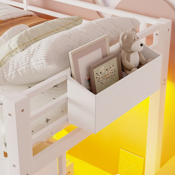 English Elm Twin Metal Low Loft Bed with Storage Stairs Fabric Drawers and Built-in Lights Light White W5305S00044