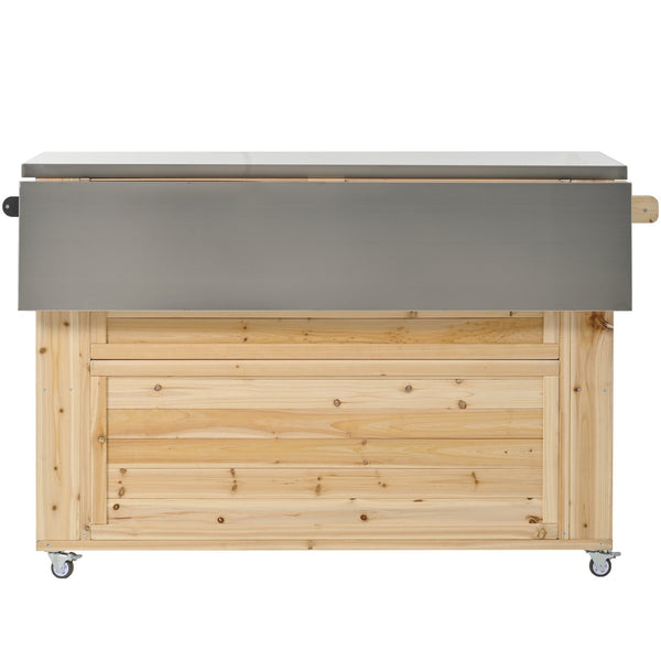 English Elm Outdoor Kitchen Island Solid Fir Wood with Foldable Stainless Top, Ample Storage, Wheels, Opener Natural Wood N719P246553Y