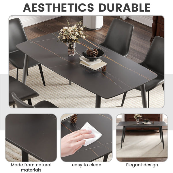 English Elm 62.99" Modern Artificial Stone Curved Edge Dining Table With Black Metal Legs – Seats 6 Comfortably! W1535S00498