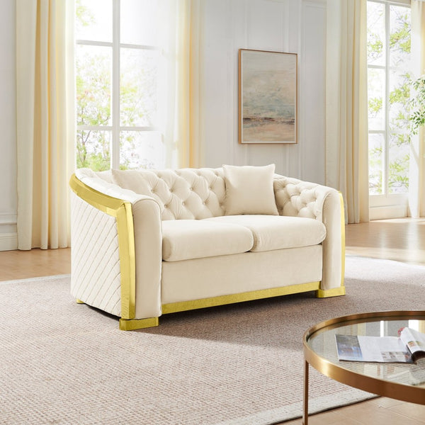 English Elm Luxury Velvet Tufted Chesterfield Loveseat with Gold Steel Trim for Living Room Beige W1191S00116