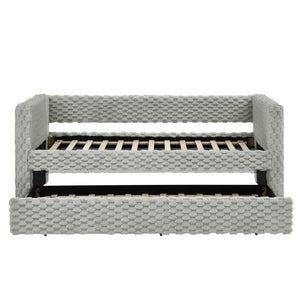 English Elm Twin Upholstered Daybed Sofa with Pull-Out Trundle, Plaid Corduroy Modern Style, Easy Assemble DARK GREY W487S00325