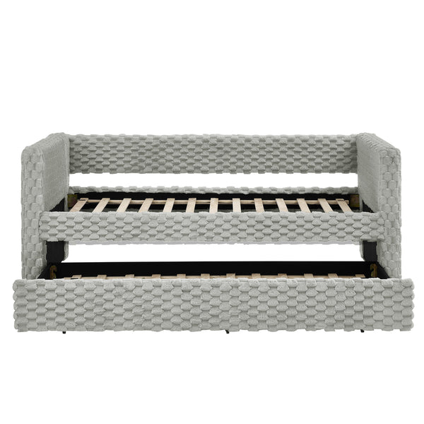 English Elm Twin Upholstered Daybed Sofa with Pull-Out Trundle, Plaid Corduroy Modern Style, Easy Assemble DARK GREY W487S00325