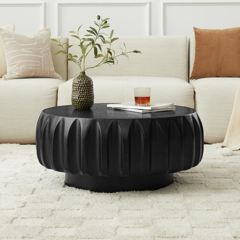 English Elm Round Solid Wood Carved Coffee Table Black — Artisan Saman Frame, Ash Veneer Top, Sculptural Rustic Luxe Decor W3137P295315