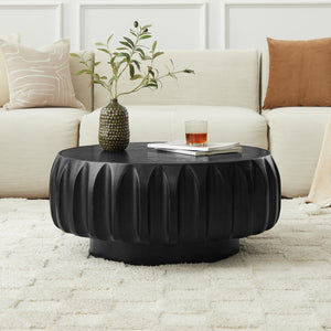 English Elm Round Solid Wood Carved Coffee Table Black — Artisan Saman Frame, Ash Veneer Top, Sculptural Rustic Luxe Decor W3137P295315