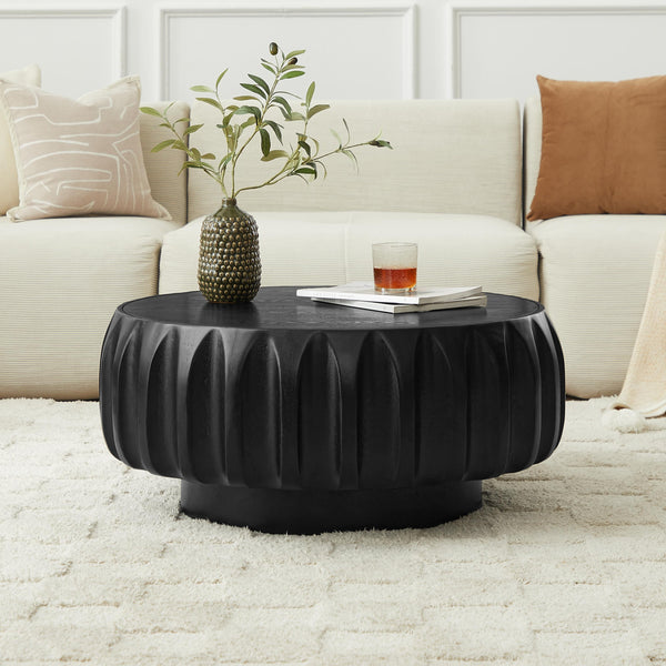 English Elm Round Solid Wood Carved Coffee Table Black — Artisan Saman Frame, Ash Veneer Top, Sculptural Rustic Luxe Decor W3137P295315
