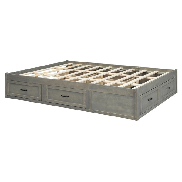 English Elm Queen Platform Bed with Six Storage Drawers Low Profile Frame for Modern Bedrooms Antique Gray N708P263022E
