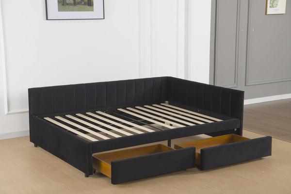 English Elm Full Velvet Daybed with Storage Drawers, L-Shape Upholstered Corner Frame, Black, No Box Spring Needed W1670S00025