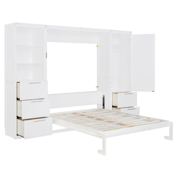 English Elm Queen Murphy Wall Bed with Wardrobe Drawers and Shelves for Studio or Guest Room White LP000865AAK-2