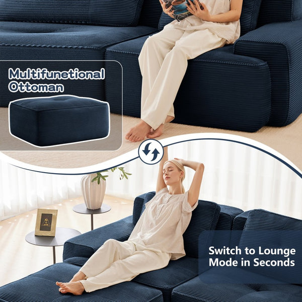 English Elm Modern Corduroy Sectional Sofa with Tufted Cushions Deep Seat and Movable Ottoman Blue W714S01805