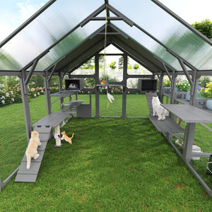 English Elm Large Walk-in Pine Wood Catio Enclosure with Platforms Resting Boxes and Planter Grey N704G201619E