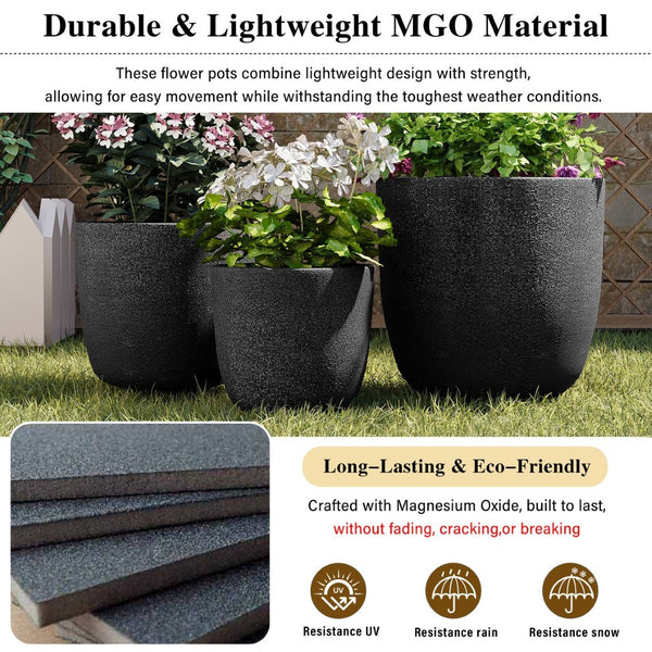 English Elm U_style Mgo Round Planters Set of Three Crackle Stone Texture Patio Garden Pots N711P406670B