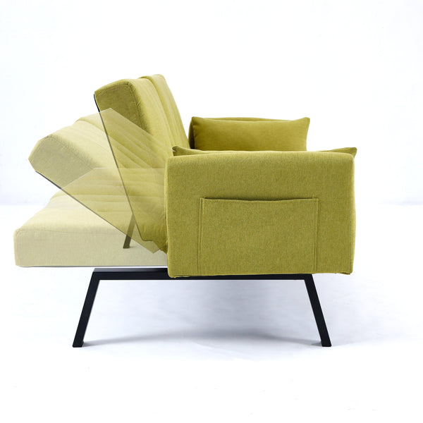 English Elm 70-inch Foldable Cotton Linen Sofa Bed with Cup Holder & Side Storage, Space-Saving 2-Seater Design Green W3371P337200