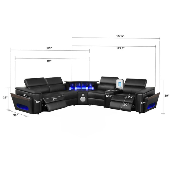 English Elm Nova Entertainment Sectional Sofa with Led Bar Fridge Console and Bluetooth Speaker Black B009S02164