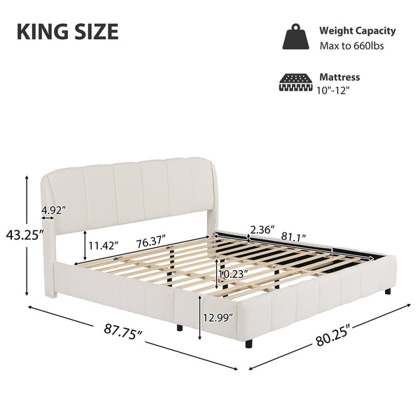 English Elm Christopher Knight Home® - King Boucle Platform Bed King Size Upholstered Bed with Curved Headboard, Beige Luxury & Sturdiness N757P284560I