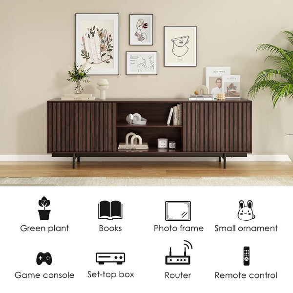 English Elm Modern Low Profile Media Console with Open Shelving and Concealed Cabinet Storage Dark Walnut T3623P434862