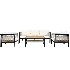 English Elm 4 Pieces Outdoor Sectional Sofa Set with Water-Resistant Cushions, Woven Rope Detail & Acacia Table Beige N719Z000130A