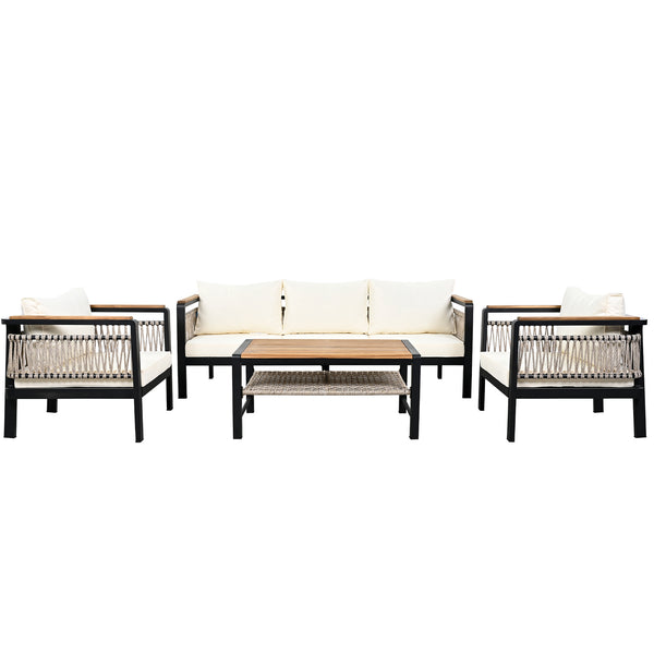 English Elm 4 Pieces Outdoor Sectional Sofa Set with Water-Resistant Cushions, Woven Rope Detail & Acacia Table Beige N719Z000130A