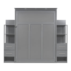 English Elm Queen Murphy Wall Bed with Led Lighting Open Shelves Drawers Space Saving Cabinet Gray LP000566AAE-3