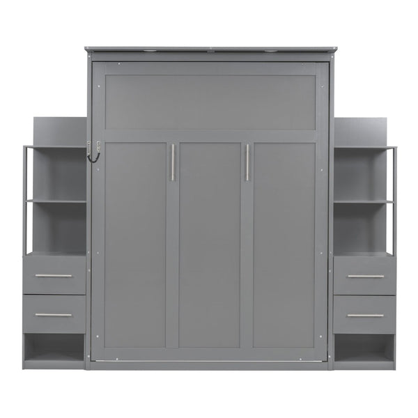 English Elm Queen Murphy Wall Bed with Led Lighting Open Shelves Drawers Space Saving Cabinet LP000566AAE-2