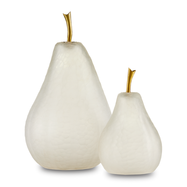 Glass Pear Set of 2 - Artisanal Frosted Glass Sculptures with Brass Stems for Elegant Décor