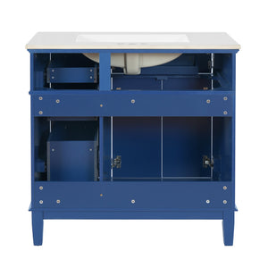 English Elm 36" Blue Modern Bathroom Vanity with Ceramic Sink, Solid Wood+MDF, Soft-Close Doors, 4 Drawers, Compact Elegance for Small Spaces N729P253935C