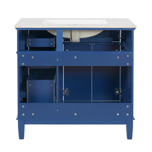 English Elm 36" Blue Modern Bathroom Vanity with Ceramic Sink, Solid Wood+MDF, Soft-Close Doors, 4 Drawers, Compact Elegance for Small Spaces N729P253935C