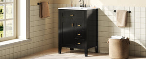 English Elm "24'' 24 Inch Glossy Freestanding Bathroom Vanity with Gold Hardware and Soft Close Storage Black Rubberwood N725P448529B