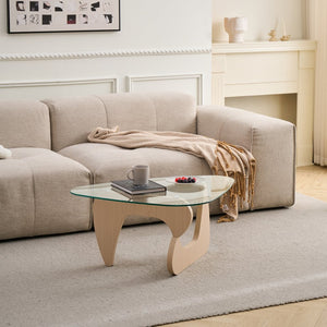 English Elm Glass Top Coffee Table Tempered Surface Oak Wood Base Mid-century Modern Living Room W1718P452022