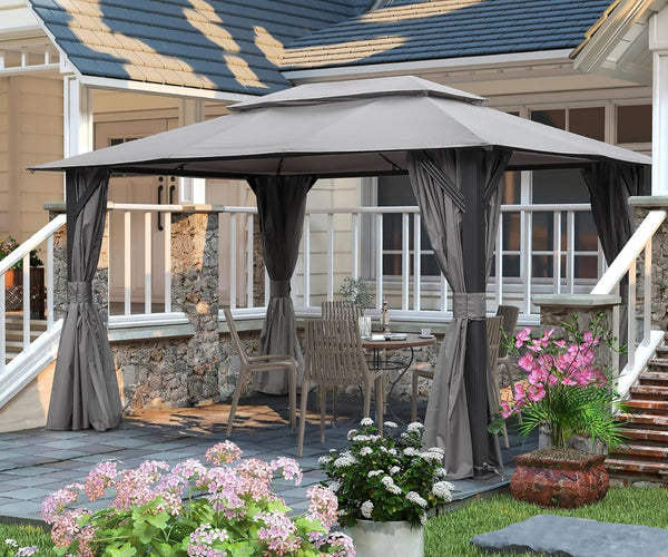 English Elm 10'x13' Outdoor Gazebo Steel Frame Double Roof Patio Shelter with Netting and Curtains Gray W1859P426721